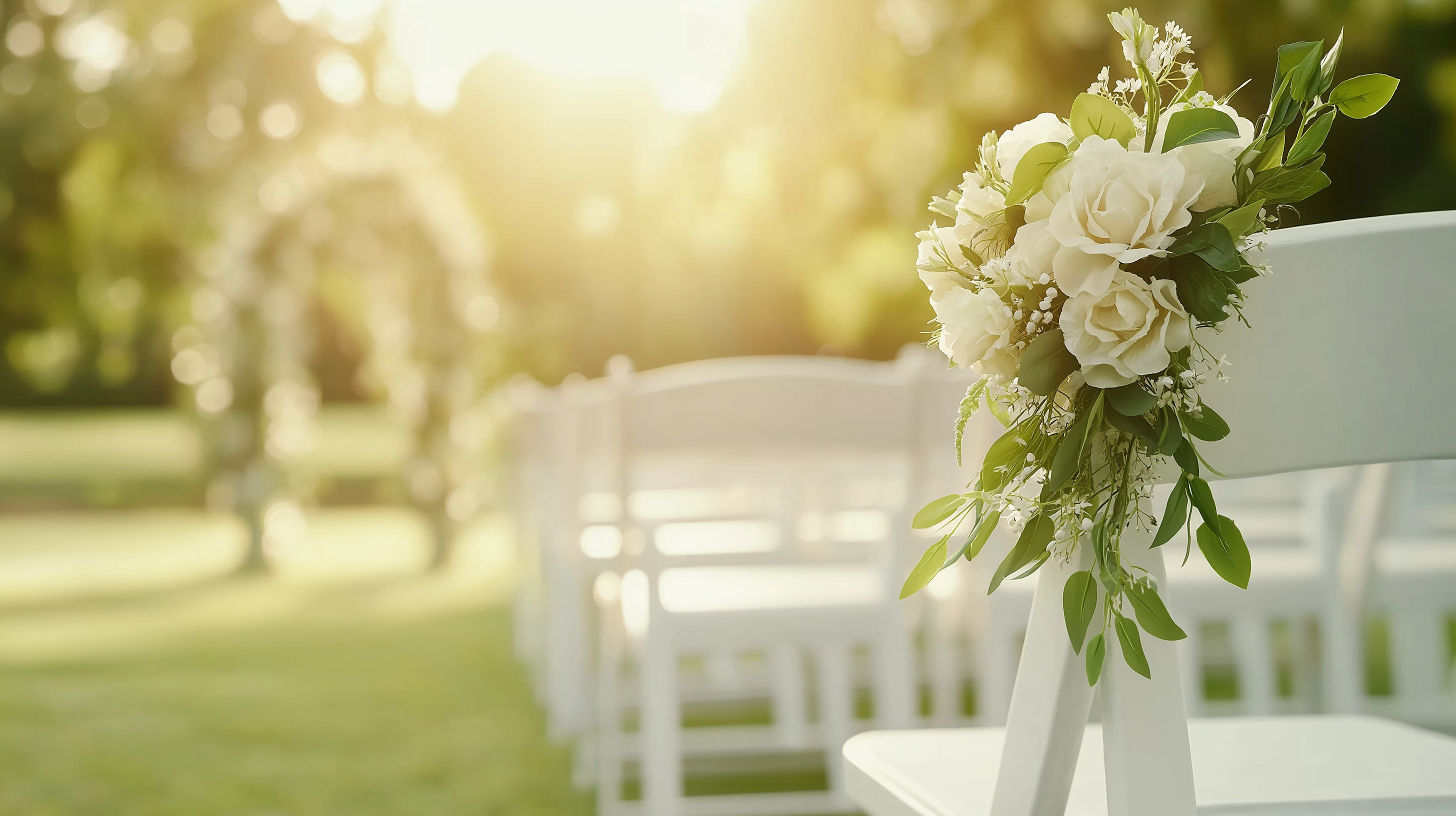 White americana chairs styled with a rose bouquet along a golden-hour ceremony aisle
